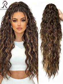 30 Inch Long Wavy Half-Up Hairstyle, Multi-Layer Synthetic Heat-Resistant Wig, Wavy Heat-Resistant Fiber Wig, 4 Curly Braids. Black And Brown Long Hair Accessories, Suitable For Party And Daily Styling, Suitable For All Women., Halloween - Multicolor - View 13