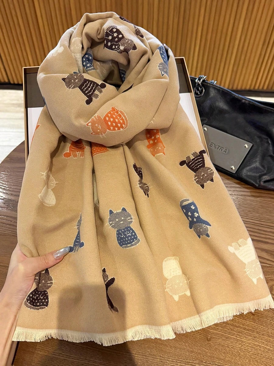 1pc Cat Pattern Scarf For Women, Winter Warm Versatile Shawl, Dual-Use Air-Conditioned Room Office Cape, Long Thick Neck Warmer - Camel - View 1