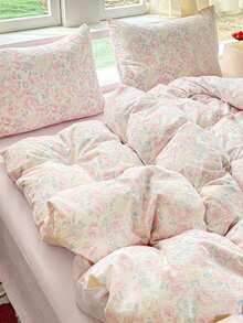 2/3pcs Romantic Floral Print, Pink & Purple Rose Pattern, Pleated Texture, Super Soft, Sweet & Cute, Back To School Season, Washed Duvet Cover & Pillowcase Set, Spring/Summer Style, Available For Double, Queen, King Size Beds - Multicolor - View 7