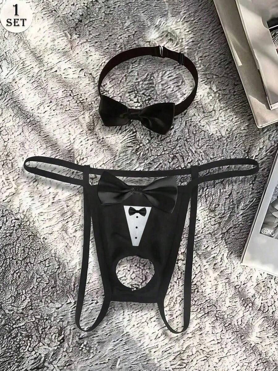 Tanga y cómodo para hombres con patrón de lazo hueco y collar - Negro - Ver 1