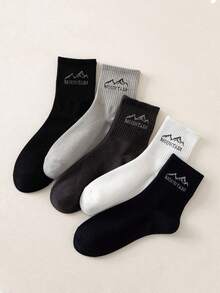 1/5 Pairs Men's Mountain Letter Pure Cotton Mid-Calf Socks, Suitable For Daily And Outdoor Wear - Multicolor - View 4