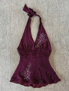Women's Vintage Fairy Style Deep Purple Halter Top, Grunge Aesthetic Halter Tank Top With Sparkling Rhinestones - Red Violet - View 1