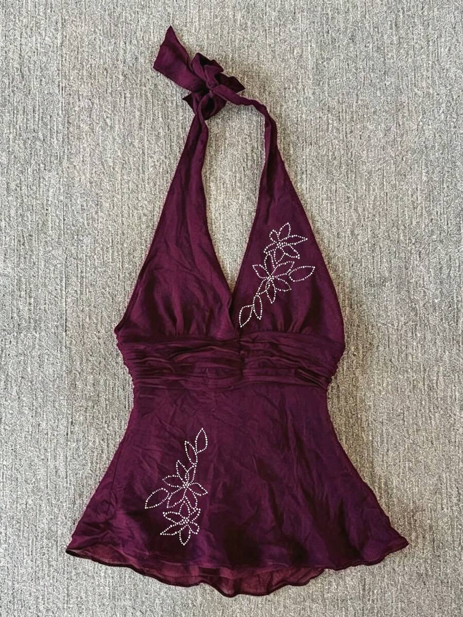 Women's Vintage Fairy Style Deep Purple Halter Top, Grunge Aesthetic Halter Tank Top With Sparkling Rhinestones - Red Violet - View 1