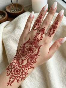 1張防水臨時假紋身貼，紅色海娜 Mehndi 曼陀羅花卉圖案紋身貼紙，異國風身體裝飾，適合女性手部、手腕、手指，婚禮使用 - 紅色 - 查看 2
