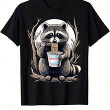 Men's Raccoon Graphic Cotton T-Shirt - Casual Short Sleeve Crew Neck Tee, Black - 款式 - 查看 1