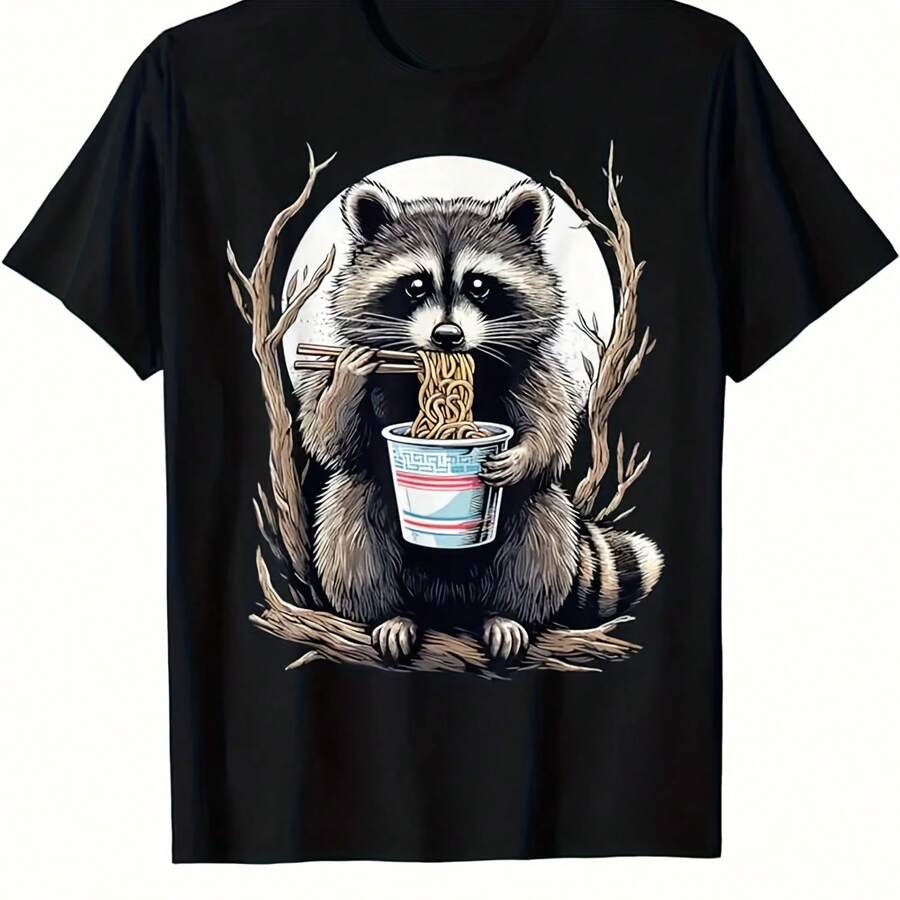 Men's Raccoon Graphic Cotton T-Shirt - Casual Short Sleeve Crew Neck Tee, Black - 款式 - 查看 1