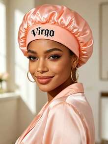 1pc Women's Satin Sleep Cap, 12 Zodiac Print Oversized Night Cap, Loose Elastic Band, Lightweight Silky Hair Protection Cap - Snow Bud Powder - View 2