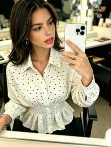 SuofeiMan Women's White Polka Dot Blouse, Long Puff Sleeve Collared Button-Up Top With Ruffle Hem, Casual White Dress-Style Top, Suitable For Daily Commute And Party, Autumn/Winter Essential - Beige - View 4