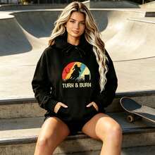 Women's Hooded Sweatshirt,Retro Style,Printed With The Silhouette Of A Horseman And"Turn And Burn"Text Pattern,Casual Wear,Suitable For Spring And Aut - 黑色 - 查看 2