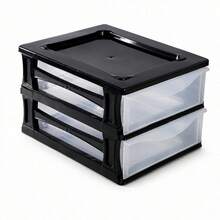 Desktop Organizer With 2 Transparent Drawers, Stackable PP Plastic Storage Unit For Cosmetics And Stationery, Modular Design, 35.5 X 26.5 X 20.5 Cm - 黑色 - 查看 5