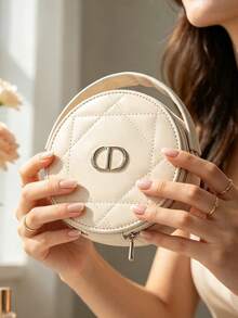 Dior Quilted Round Cosmetic Bag With Metal Logo Zipper Closure, Portable Travel Makeup Storage Bag With Top Handle, Women's Beauty Storage Gift - Pink - View 10