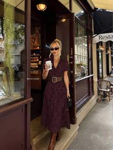 Printed Lapel Women's Dress, Summer Vintage Elegant Commute Puff Sleeve A-Line Midi Dress - Burgundy - View 3