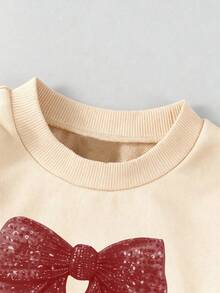 Tween Girl Bow Print Crew Neck Sweatshirt And Flare Pants - Apricot - View 5