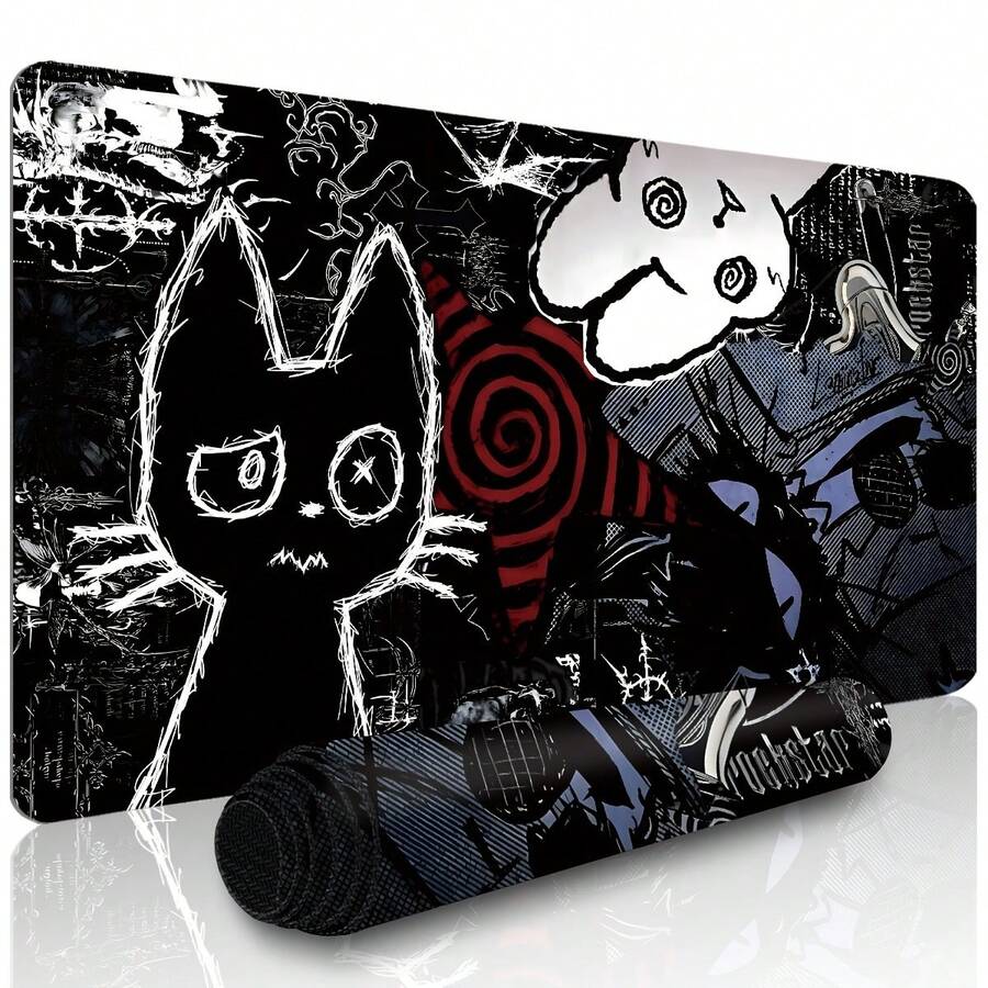 1pc Extended Gaming Mouse Pad & Keyboard Desk Mat, Punk Anime Cat Design, Gothic Cat, Skull, Japanese Manga Art Pattern, Laptop Protective Pad, Desk Mat, Durable Non-Slip Base, High Definition Printing, Dark Aesthetic, XL And XXL Available - View 1