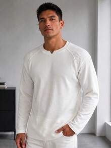 Blueprint Man 1pc Men's White Long Sleeve T-Shirt, Vertical Ribbed Ribbed Texture Fabric, 260g/M² Heavyweight Fabric, Minimalist Pullover T-Shirt, Crew Neck With Small V-Neck Detail, Solid Color Minimalist Style, Daily Commute, Casual Outings, Old Money Style - White - View 11