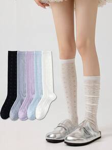 1 par de calcetines hasta la rodilla para mujer, calcetines delgados y ligeros de estilo universitario que estilizan las piernas para primavera/verano, versátiles para usar con faldas - Multicolor - Ver 2