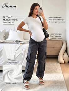 Maternity Bodysuit, Solid Color Round Neck Casual Slim-Fitting White Summer - White - View 1