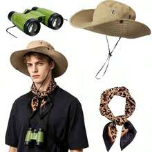 3pcs Jungle Hunter Costume Set - Includes Sun Hat, Leopard Print Scarf, Binoculars; Outdoor Adventure Costume Accessories - Suitable For Halloween Role Play, Holiday Dress Up, Theme Party Outfits, Animal Print Accessories, Vintage Fashion Items, Fashion Accessories, Details, Complete Adventure Set, Role Play Enthusiast Outfits, Holiday Event Outfits - Multicolor - View 2