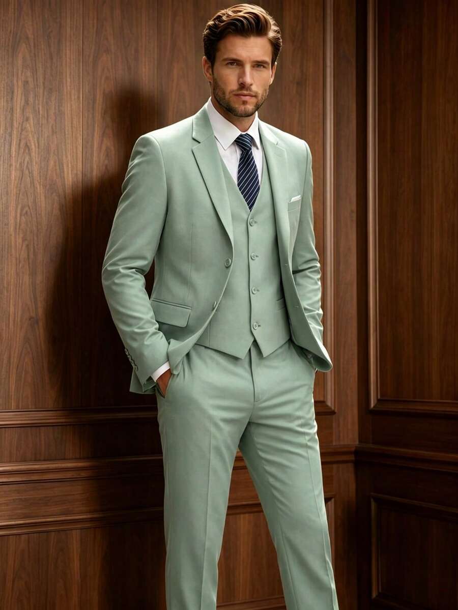 Men's 3 PiecesSuit Set, Suit Jacket + Vest + Trousers, Fresh Garden Wedding Groom Outfit, Elegant Tuxedo, Suitable For Special Occasions, Exhibitions And Social Events - Mint Blue - View 1