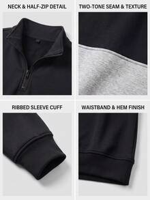 Men's Autumn/Winter Fashion Patchwork Loose Drop Shoulder Zip-Up Turn Collar Sweatshirt, Essential Casual Outfit For Daily Wear - Black - View 4