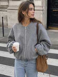 Women's Fashionable Versatile Solid Color Short Jacket, Autumn/Winter Casual Fall - Grey - View 3