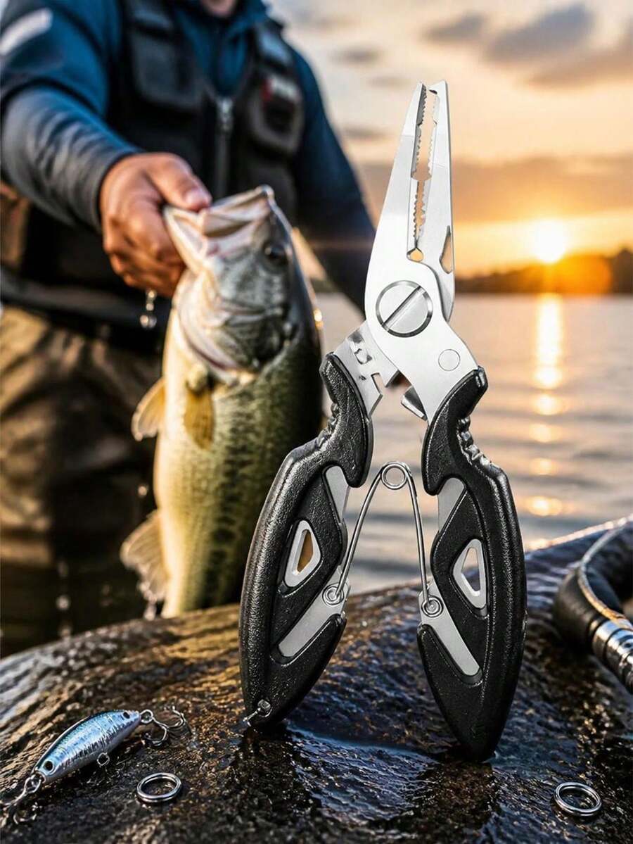 1pc Stainless Steel Fishing Pliers, Curved Mouth Multifunctional Lure Pliers With Line Cutter, Fishing Scissors, Split Ring Tool, Hook Remover And Fish Lip Grip Tool For Tackle Accessories - Multiple Styles - View 1