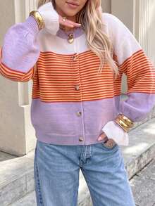 Cardigan Wanita Vintage Bergaris Leher Bulat Lengan Panjang, Manset Berkerut, Detail Kancing, Potongan Pendek, Sempurna untuk Pakaian Musim Gugur/Musim Dingin. Musim Gugur - MultiWarna - View 6