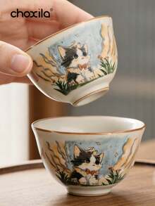 choxila 1 pieza Taza de té con forma de gato lindo y boca de girasol de 50ml, taza de té de cerámica con esmalte de grietas de hielo de horno Ru, taza maestra personal para amantes del té - taza - Ver 2