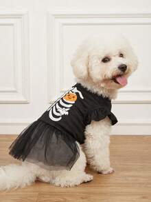 LUCKIE PAW 1pc Halloween Pumpkin Skull Pattern Flutter Sleeve Cute Princess Style Tulle Dress Suitable For Chihuahua Small Dogs Wedding Season Pet Clothes Applicable For Cats And Dogs Indoor And Outdoor - Multicolor - View 6