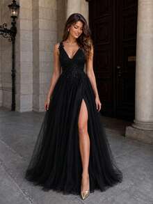 VIPGIRL Elegant Black Sequin Sheer A-Line V-Neck High Slit Backless Dress Fall - Black - View 5
