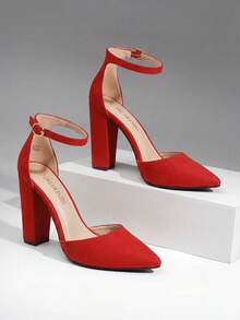 Women's Chunky Block Ankle Strap High Heels, Coco Pointed Closed Toe Pumps For Banquet & Office - Red - View 3