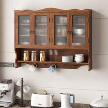 100CM Retro 4 Door Wall-Mounted Cabinet, Featuring Two Layers Of Storage Space And An Open Hook Rack Space,Suitable For Bathrooms, Kitchens, Dining Rooms, Brown - 棕色 - 查看 3