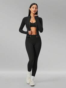 MFVIM Women's Versatile Yoga Bra + Leggings + Jacket 3 Pieces Set, Soft And Skin-Friendly - Premium Black - View 6