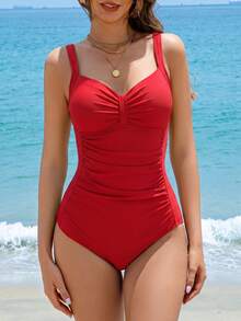 Women's Solid Color Ruffle Fitted One-Piece Swimsuit, Slimming Swimwear For Beach Vacation Red Summer - Red - View 4