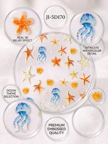 1套深海主題多層壓紋裝飾貼紙，生動水母、海星、貝殼精緻圖案，易貼不脫落，可用於裝飾個人手機殼，營造酷感寧靜海洋氛圍 - 水母海星 - 查看 4