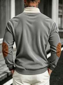Men's Colorblock Henley Collar Corduroy Sweatshirt, Long Sleeve Elbow Patch Casual Polo Neck Pullover For Daily Wear - Grey - View 2