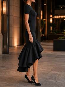 Trending 2026 Summer Short Sleeve Round Neck Ruched Bodycon High‑Low Ruffle Midi Dress, Elegant Cocktail Evening Gown For Wedding Guest & Date Night - Black - View 6