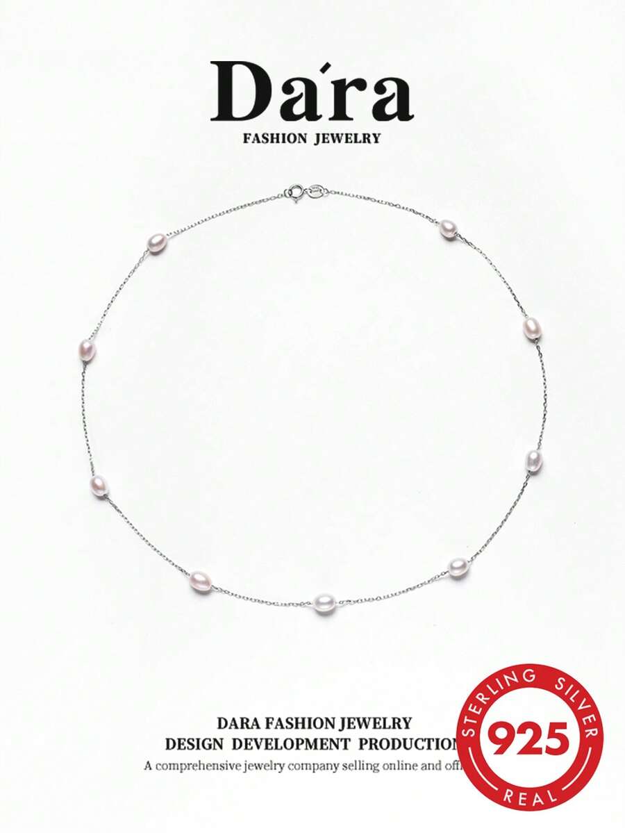 DARA S925 Sterling Silver Freshwater Pearl Necklace, 5-6mm White Pearls, Luxury Gift Box For Women