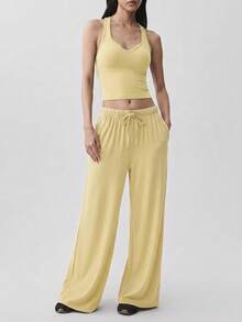 FWH Women's Spaghetti Strap Backless Sports Set, Women's Tank Top + Straight Loose Long Pants Sports Two Pieces Set Yellow - Yellow - View 3