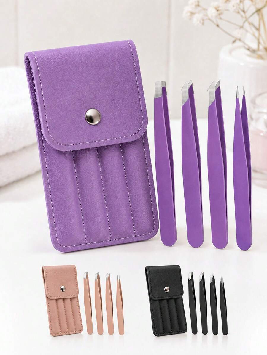 Set Pinset Warna-warni 4 Buah/1 Buah, Pinset Alis 4 Buah, Set Alat Perawatan dan Pencabutan Rambut Alis Portabel Presisi Tinggi, Set Pinset Alis 4 Buah, Alat Rias Alis, Tersedia Tiga Warna Ungu, Merah Muda, dan Hitam (1 Buah/4 Buah) - MultiWarna - View 1