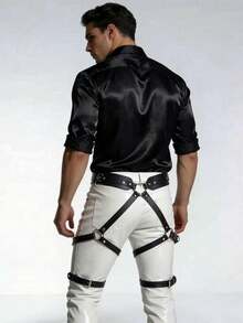 1pc Men's Black PU Leather Leg Strap, Adjustable O-Ring Shoulder Strap, Punk Gothic Style Festival Accessory, Halloween - Black - View 1