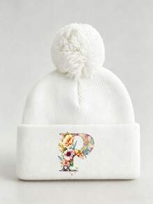 1pc Baby Beanies Boy Girls White Pom-Pom Cap With A-Z Letter Colorful Floral Hat For Boys And Girls Ages 0-8Y, For Hat Accessories Winter Warm Hat - Multicolor - View 39