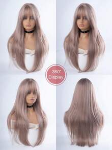 alicegarden 28-Inch Long Synthetic Wig Featuring A Natural Straight Style A Stunning Dusty Pink. Designed With Bangs , This False Hairpiece Is Perfect For Ms Daily Party Cosplay Use, Offering A Natural And Natural Durable Wig Gift For Ladies. - Dusty Pink - View 6