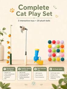 7Alas 4Pcs Interactive Cat Toy Set, Feather Teaser Wand & Plush Puffball Launcher With 20 Soft Balls, Lightweight Handheld Exercise Training Kitten Toys For Indoor Chasing Pouncing Home Playroom Fun - Multicolor - View 11