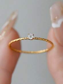 1pc Fashion Classic Minimalist Natural Casual Versatile Commute Small Finger Ring With Synthetic Cubic Zirconia Inlaid, Women's Ring Suitable For Daily Wear, Banquet, Party, Gift, Jewelry Accessory - Yellow Gold - View 1