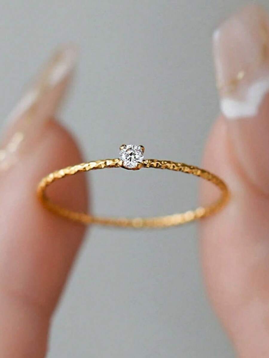 1pc Fashion Classic Minimalist Natural Casual Versatile Commute Small Finger Ring With Synthetic Cubic Zirconia Inlaid, Women's Ring Suitable For Daily Wear, Banquet, Party, Gift, Jewelry Accessory - Yellow Gold - View 1