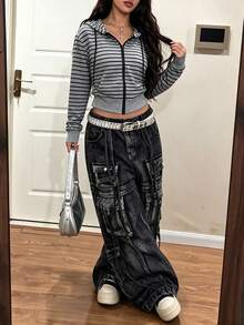 Y2K Grey Black Stripe Cropped Zip Hoodie Slim Fit Long Sleeve Drawstring Soft Comfortable Streetwear Jacket For Spring Autumn Winter - Grey - View 3