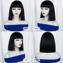 Black Straight Bob Wig With Bangs, Heat‑Resistant Synthetic Hair Wig, Gothic Halloween Cosplay Party Short Short Shoulder Length Wigs For Men Women - Black - View 7