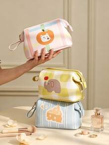 1pc Rectangular Makeup Bag, Striped Plaid & Animal Print Details, Zipper Handle Large Capacity Design, Practical Makeup Brush Storage Bag, Suitable For Back To School Essentials, Daily & Vacation Travel Essentials - Multicolor - View 10