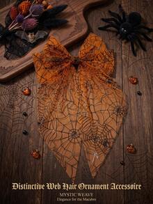 2pcs Halloween Pumpkin Spider Web Bow Headband & Spring Clip Set, Orange Tulle Hair Accessories For Women Girls Cosplay Party Gothic Costume Styling - Multicolor - View 4